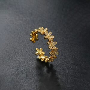 Gold Plated Anti Tarnish Stainless Steel Floral Themed Adjustable Finger Ring