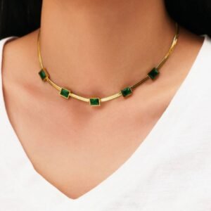 Gold plated stainless steel anti tarnish snake chain green emerald studded necklace