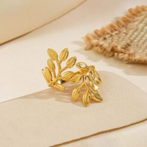 Gold plated stainless steel anti tarnish Leaf themed adjustable finger ring