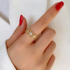 Gold plated stainless steel anti tarnish clover themed adjustable finger ring