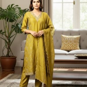 Malchanderi beads hand and thread work  Churidhar - L, Moss green yellow