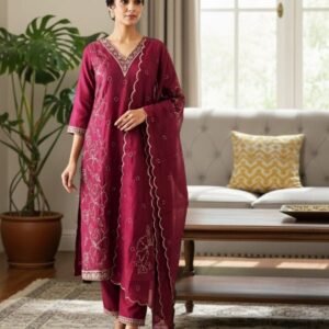 Malchanderi beads hand and thread work  Churidhar - L, Cardinal red