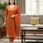Malchanderi beads hand and thread work  Churidhar - Burnt orange