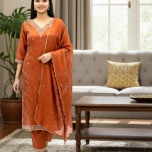 Malchanderi beads hand and thread work  Churidhar - L, Burnt orange