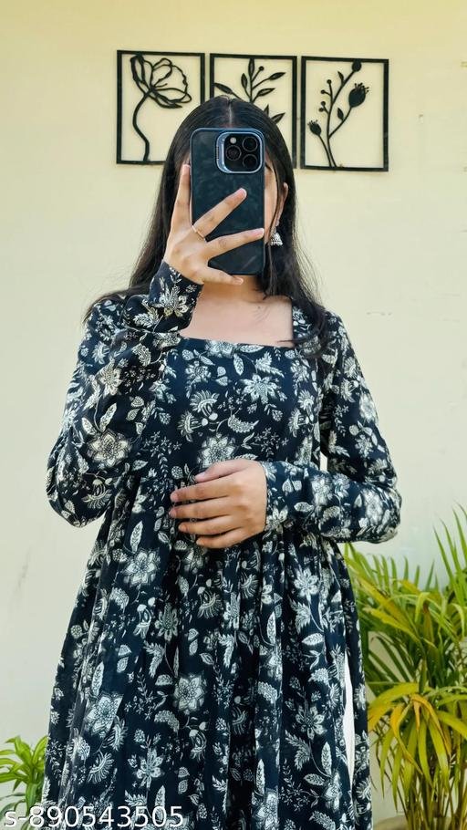 DISHA CREATION New Trendy Rayon Black Nayra Cut Floral Printed A-Line Long Kurti Full Sleeve Dress for Women - Image 3