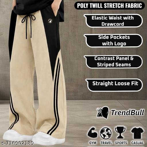 Men Stretchable Poly Twill Loose fit Track Pants | Beige & Black Joggers with Contrast Panel ,Side Stripes & Elastic Waist | Korean fashion Casual Sports Lowers - Image 4