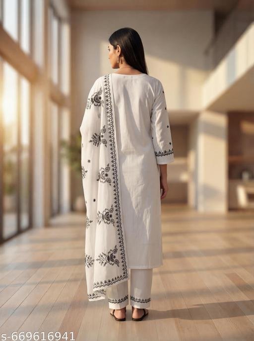 White Embroidered Kurta Set With printed Dupatta - Image 4