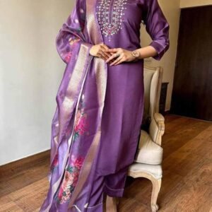 Stylish Embroidered Kurti Pant Dupatta Set for Women | Dark Pink Ethnic Suit | Georgette Dupatta | Festive Wear Kurta Set | 3 Piece Combo**