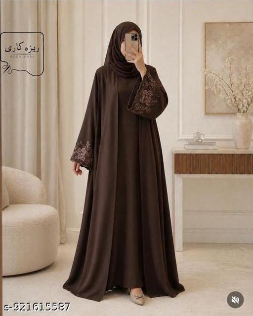 ELEGANCE TRENDY DUBAI FRONT OPEN CUTWORK ASTIN EMBROIDERY WITH ATTACHED INNER CUTWORK SLEEVE ABAYA BURQA HIJAB DUPATTA BURKHA ABAYA SET JILBAB SET FOR WOMENS & COLLEGE GIRLS - Image 5
