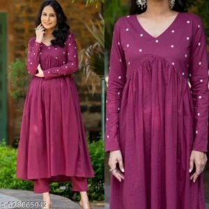 Phalsa Wine V neck Full Sleeves Kurta and Pant Co-ord set