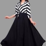 cute modern classy girls frocks & dresses | black and white striped top, black skirt, A-line silhouette, two-toned top and skirt, A-line, dress, A-line maxi dress, tie waist, three-quarter, polo/collar, tie waist, curved, maxi, unlined, Girls