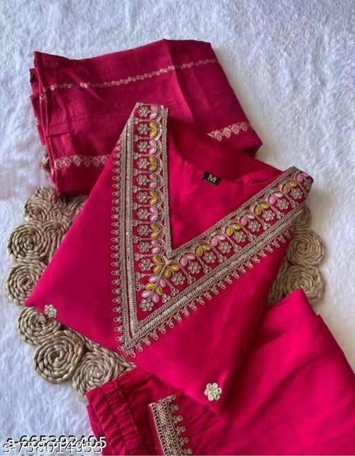 Premium Pink Rayon Slub Embroidered Kurti Pant Dupatta Set for Women | Stylish Party Wear Ethnic Wear | trending kurtis set