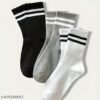 CROXTER Striped calf length men and women Socks, Set of 3, Black, White, and Grey
