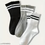 CROXTER Striped calf length men and women Socks, Set of 3, Black, White, and Grey