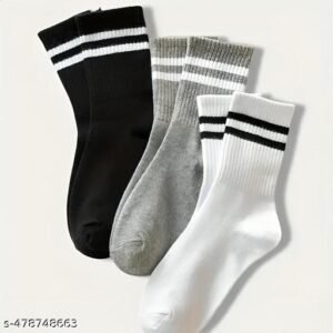 CROXTER Striped calf length men and women Socks, Set of 3, Black, White, and Grey