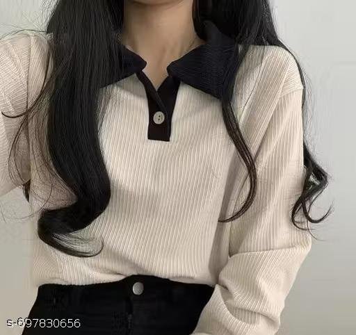 Korean Style T-shirt With Collar Style Cotton Blend Crop Top Comfy Trendy Women Top & Tunics | Half Sleeves T-Shirt for Women & Girl's - Image 3