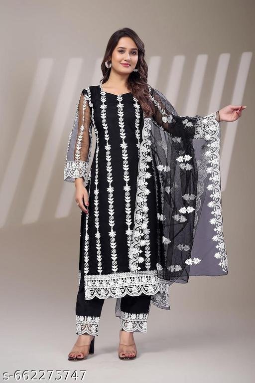 Black Embroidered Kurta Set for Women with Dupatta | White Floral Thread Work Kurti with Churidar | Festive, Party & Daily Wear Ethnic Dress - Image 5