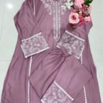 rayon cotton stylish latest kurti with pant embroidery works top and bottom,light onion colour