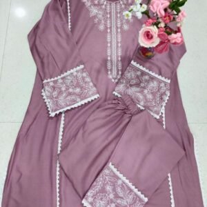 rayon cotton stylish latest kurti with pant embroidery works top and bottom,light onion colour