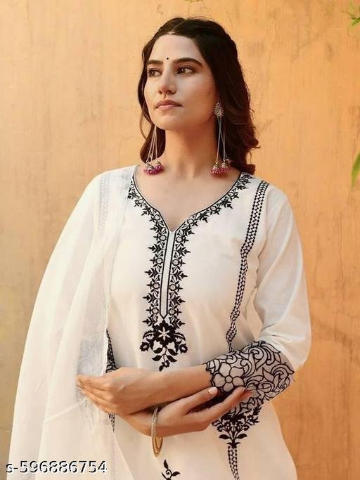 Women White Embroidered Georgette Kurti with Dupatta and Pant Set Stylish Ethnic Wear Suit for Women