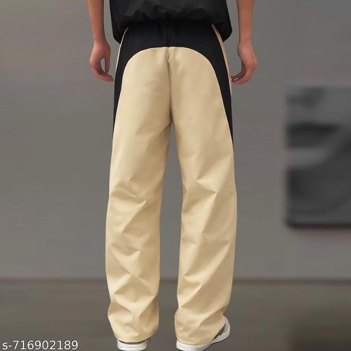 Men Stretchable Poly Twill Loose fit Track Pants | Beige & Black Joggers with Contrast Panel ,Side Stripes & Elastic Waist | Korean fashion Casual Sports Lowers - Image 3
