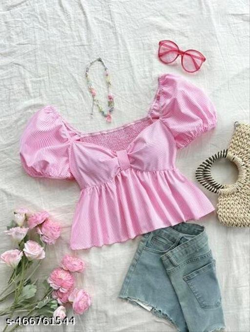 Cotton Stripe Puff Sleeve Shirt With Bow Tie, Peter Pan Crop Top Pink - Image 5