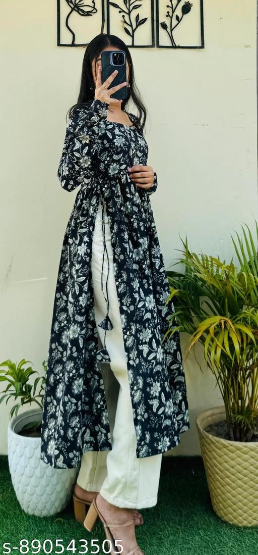 DISHA CREATION New Trendy Rayon Black Nayra Cut Floral Printed A-Line Long Kurti Full Sleeve Dress for Women - Image 5