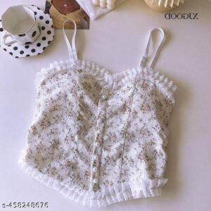 Girl's Stylish Western Printed Tops Lace Crop Top Adjustable Straps, Lightly Padded (White)