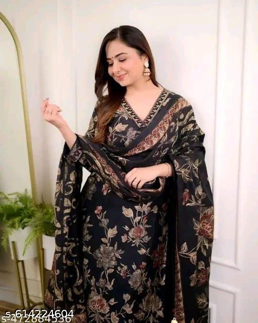 FLORAL PRINT RAYON ETHNIC AFGANI BLACK DREES WITH DUPATTA TRANDING