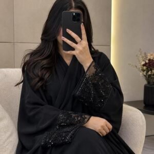 Women's elegant net sleeves with shiny embroidery abaya without dupatta