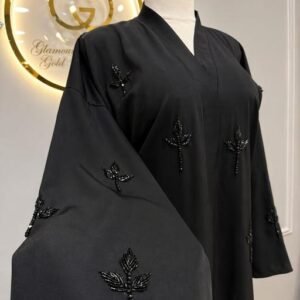 Luxury Black Nida Abaya with Hand Embellished Leaf Motif – Premium Dubai Style Front Open Abaya for Women | Elegant Modest Wear Designer Maxi Abaya Dress