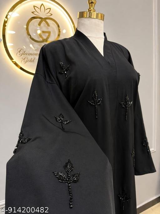 Luxury Black Nida Abaya with Hand Embellished Leaf Motif – Premium Dubai Style Front Open Abaya for Women | Elegant Modest Wear Designer Maxi Abaya Dress