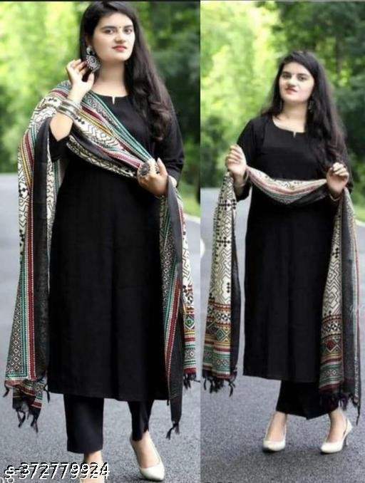 Women's 100% Rayon Printed A-Line Kurti with Pant (BLACK) - Image 3