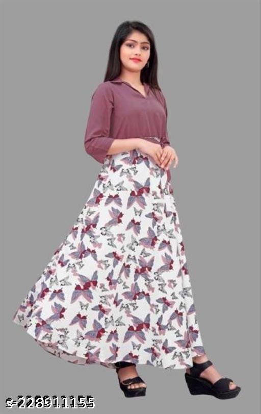 cute modern classy girls frocks & dresses | white with maroon butterfly print; mauve top, butterfly print, two-piece style top and skirt, A-line silhouette, A-line, one-piece, A-line dress, belt, pull-on, three-quarter, V-neck, belted, curved, maxi, unlined, Girls - Image 4