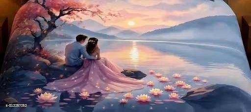 GEETA TEXO FAB Heavy 7D Digital Glace Cotton Super King Size Printed Flat Double Bedsheet, 90 X 100 Inch and 2 Pillow Cover Without Joint II Romantic Couple & Sunset Lake 7D BEDSHEET - Image 4