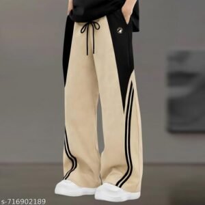 Men Stretchable Poly Twill Loose fit Track Pants | Beige & Black Joggers with Contrast Panel ,Side Stripes & Elastic Waist | Korean fashion Casual Sports Lowers