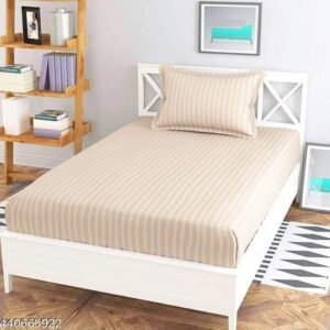 Parinika Fabs 400 TC 100% Cotton Satin Stripes Single Bed BedSheet - Premium Hotel Bedsheet and Pillow Cover Set for Hotels, Guest House (88x58 inch) (Beige)