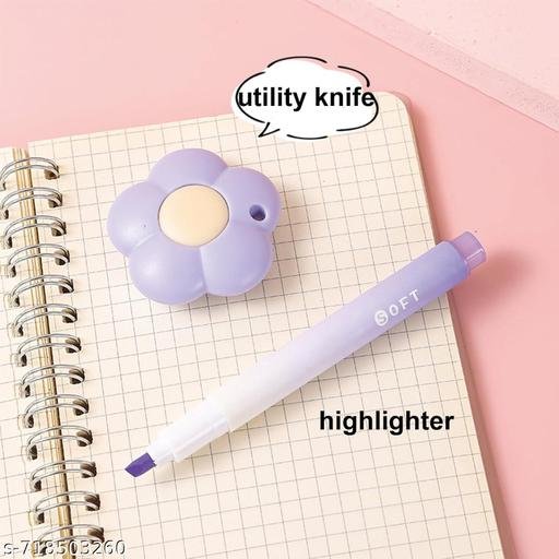 7 Pcs Cute Stationery Set Kawaii School Supplies Office Supplies Including Ballpoint Pens Pencil Sharpener Highlighter Correction Tape Ruler Utility Knife (purple) - Image 5