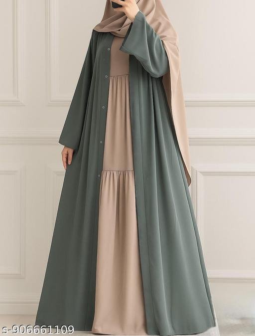 Graceful Modest Ensemble ABAYA BURKHA in Muted Green and Beige ATTACHED INNER WITH GATHERING Women's Black Front-Open Burqa jacket " A POETIC TOUCH PARTY-WEAR BURKHA ABAYA FOR WOMENS & COLLEGE GIRLS - Image 5