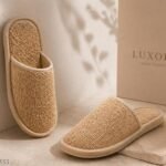 LUXORIA Luxury Woven Indoor Slippers | Soft Cushion Anti-Slip Home Footwear for Men & Women | Lightweight Breathable Bedroom Bathroom House Slippers (Beige) Pack of 1
