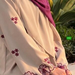 Luxury Beige Floral Embroidered Abaya with Contrast Maroon Detailing – Premium Fabric Dubai Style Designer Abaya for Women | Elegant Modest Wear Front Open Maxi Abaya Dress