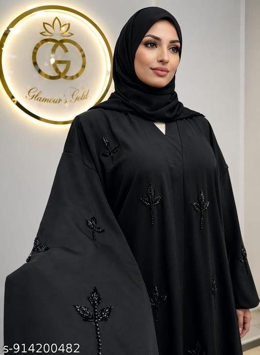 Luxury Black Nida Abaya with Hand Embellished Leaf Motif – Premium Dubai Style Front Open Abaya for Women | Elegant Modest Wear Designer Maxi Abaya Dress - Image 3