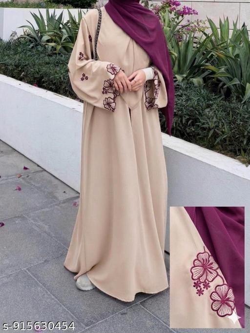 Luxury Beige Floral Embroidered Abaya with Contrast Maroon Detailing – Premium Fabric Dubai Style Designer Abaya for Women | Elegant Modest Wear Front Open Maxi Abaya Dress - Image 3