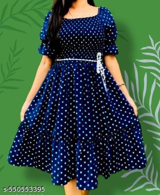 jss kids dot navy | A-Line Silhouette, Tiered Skirt, Smocked Bodice, Midi, Puff Sleeve, Square, A-Line, Tiered, Pull-on, None, Belted, A-Line Dress, for Girls Navy, White | A-line dress, A-line fit, midi length, puff sleeve sleeves, square neckline, in navy with white polka dots - Image 3