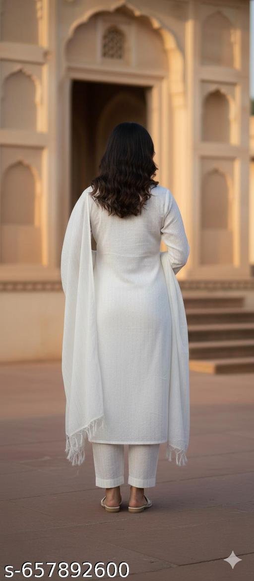 Women cotton white jare set with dupatta - Image 3