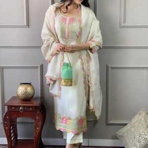 RIVA New Desinger Tranding White Color Kurti With Embrodred Dupatta With Dotted Printed Desinged Kurti Set