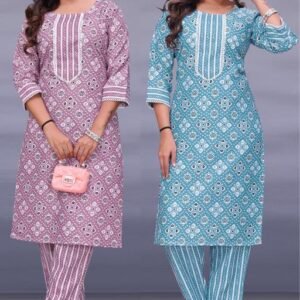Women's Pack Of 2 Combo floral printed new tops and bottom set i ncotton blend fabric in pink and blue color