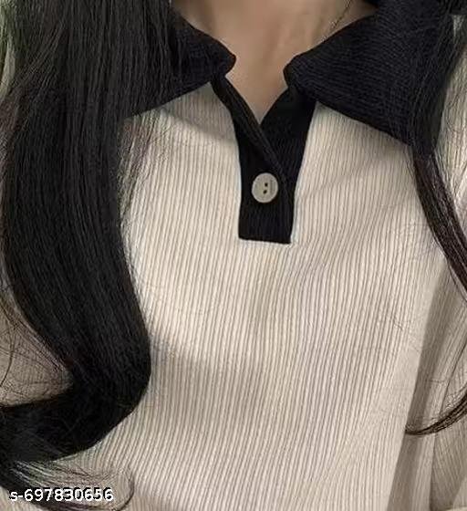 Korean Style T-shirt With Collar Style Cotton Blend Crop Top Comfy Trendy Women Top & Tunics | Half Sleeves T-Shirt for Women & Girl's - Image 4