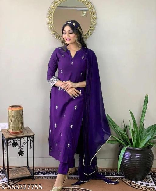 Women's Rayon Slub Embroidered Straight Kurta Pant with Dupatta - Image 3
