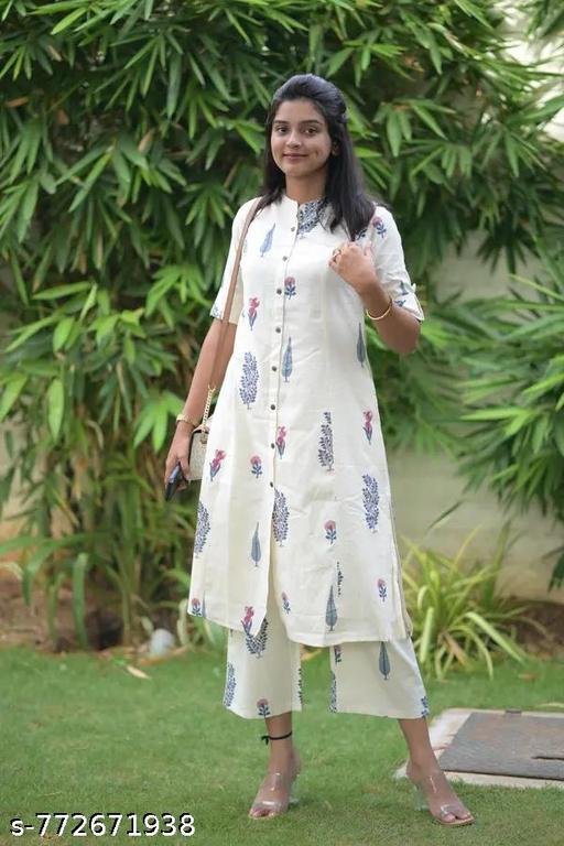 White South Indian Cotton Printed Kurta with Pant for Women - Image 4